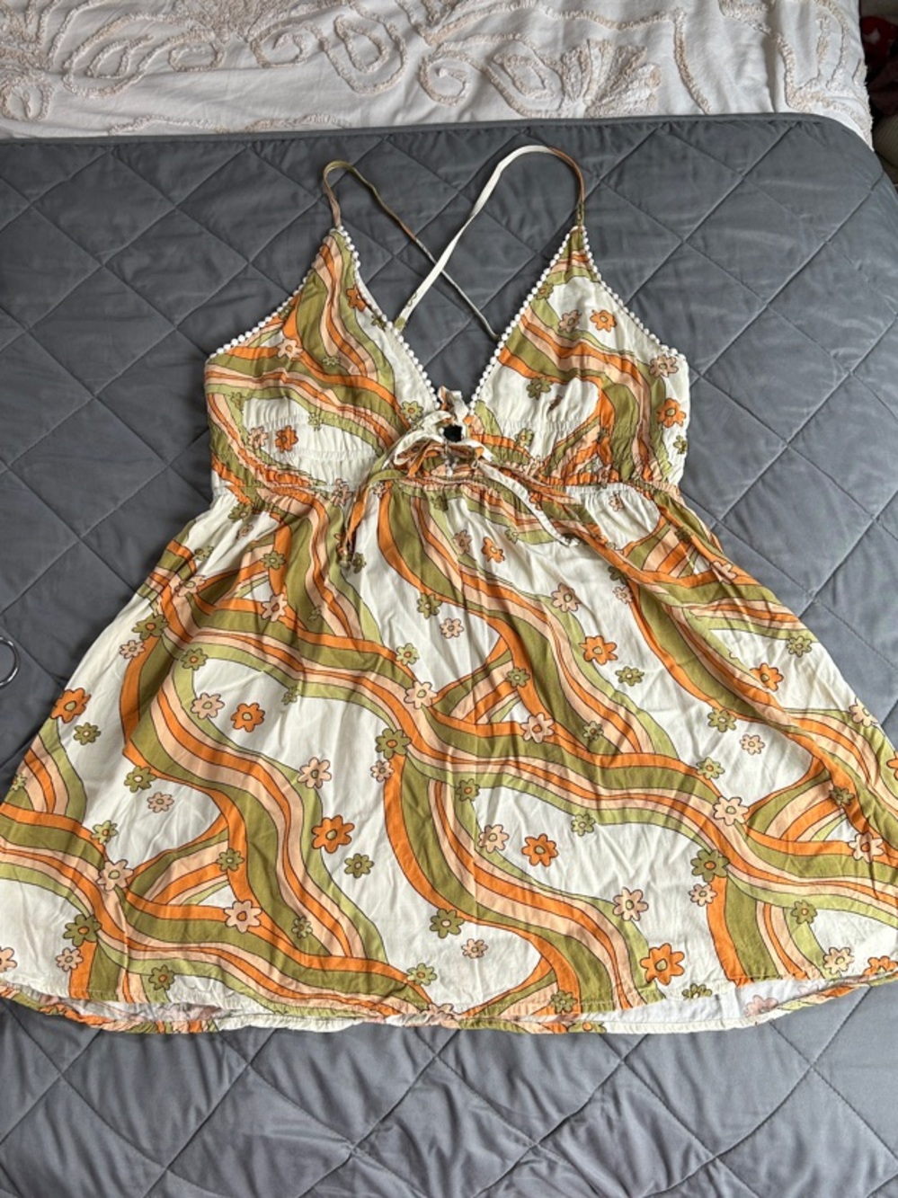Retro Floral Wave cross back Dress in Cream, Orange & Green